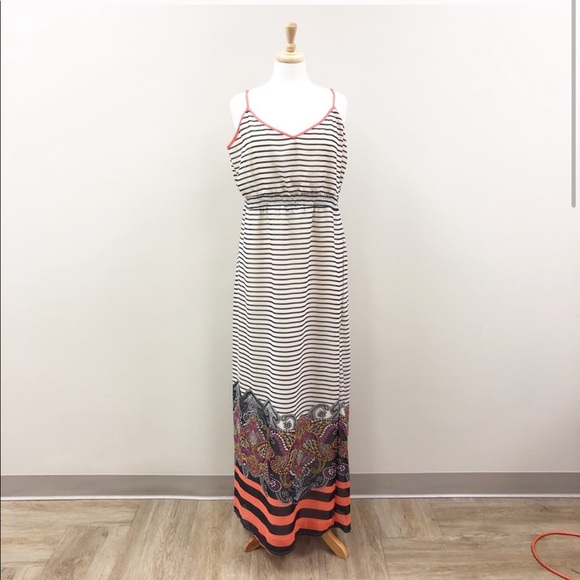 Black Cream Stripe Detailed Bottom Maxi Dress XL - Picture 2 of 8